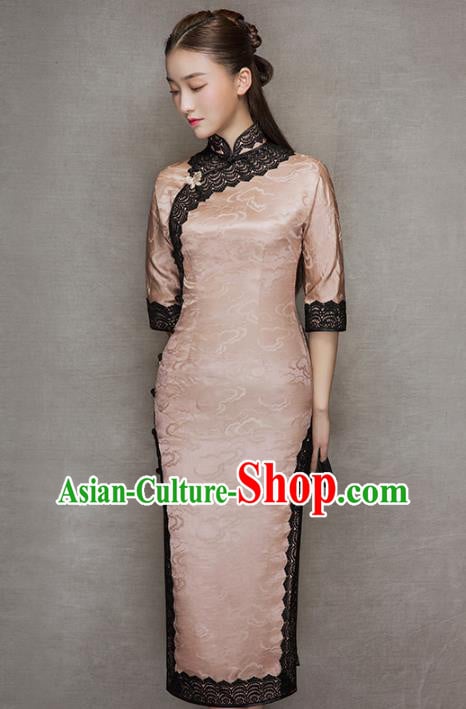 China Traditional Lace Stand Collar Qipao Dress Classical Cloud Pattern Pink Silk Cheongsam China Traditional Lace Stand Collar Qipao Dress Classical Cloud Pattern Pink Silk Cheongsam