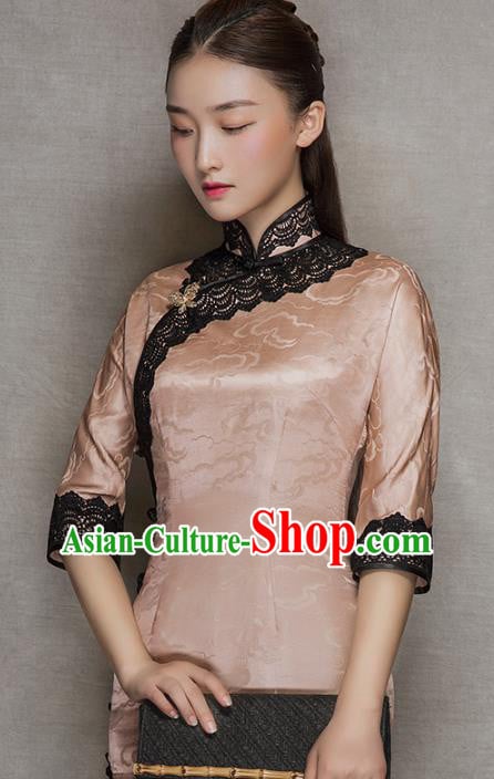 China Traditional Lace Stand Collar Qipao Dress Classical Cloud Pattern Pink Silk Cheongsam China Traditional Lace Stand Collar Qipao Dress Classical Cloud Pattern Pink Silk Cheongsam