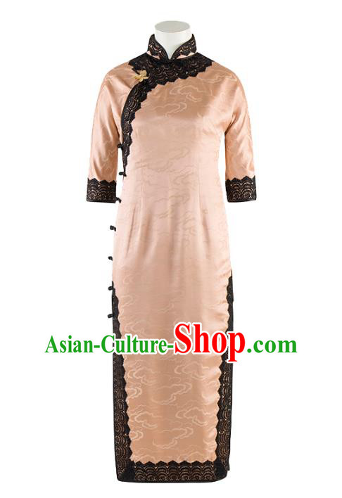 China Traditional Lace Stand Collar Qipao Dress Classical Cloud Pattern Pink Silk Cheongsam China Traditional Lace Stand Collar Qipao Dress Classical Cloud Pattern Pink Silk Cheongsam
