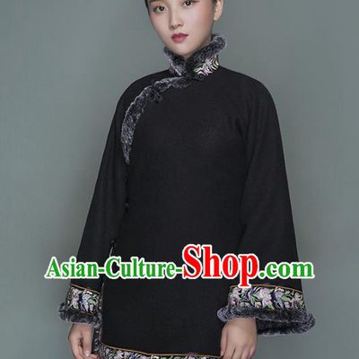 Chinese Tang Suit Outer Garment Woman Winter Clothing National Embroidered Black Woolen Jacket