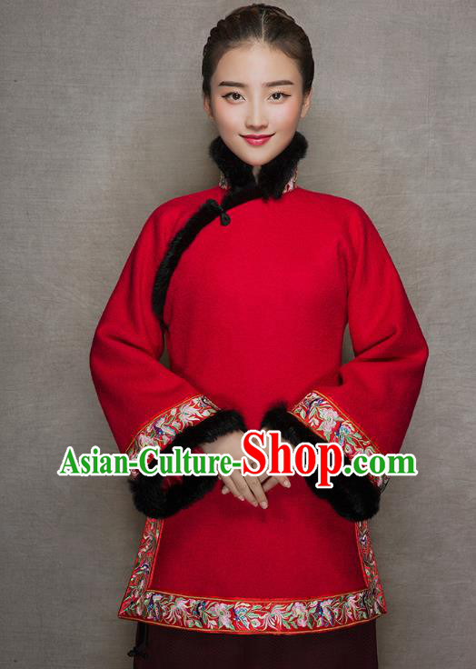Chinese National Embroidered Red Woolen Jacket Tang Suit Outer Garment Woman Winter Clothing Chinese National Embroidered Red Woolen Jacket Tang Suit Outer Garment Woman Winter Clothing