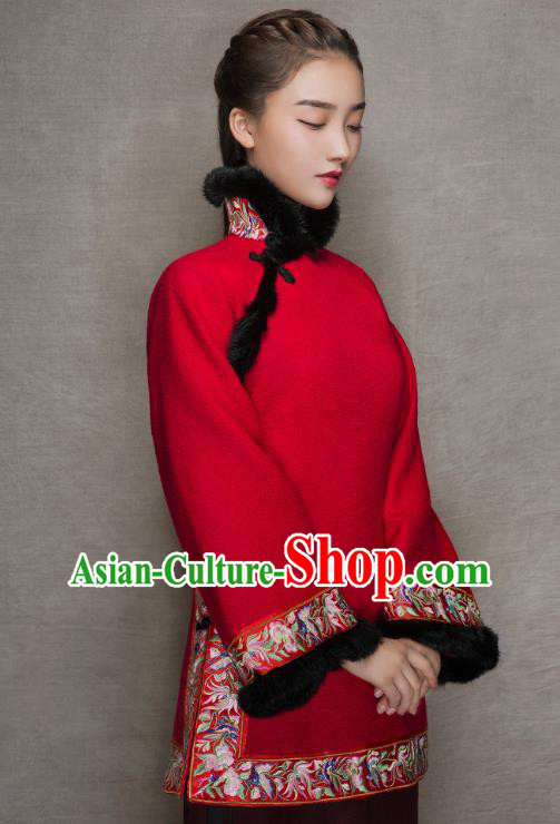 Chinese National Embroidered Red Woolen Jacket Tang Suit Outer Garment Woman Winter Clothing Chinese National Embroidered Red Woolen Jacket Tang Suit Outer Garment Woman Winter Clothing