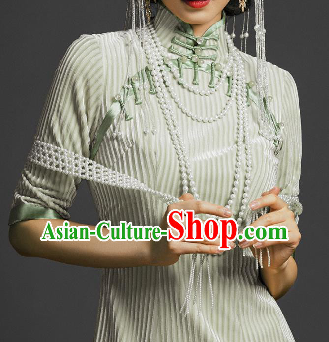 China Classical Stand Collar Cheongsam Traditional Young Lady Light Green Qipao Dress China Classical Stand Collar Cheongsam Traditional Young Lady Light Green Qipao Dress