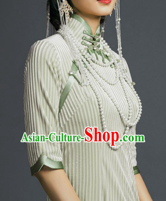 China Classical Stand Collar Cheongsam Traditional Young Lady Light Green Qipao Dress China Classical Stand Collar Cheongsam Traditional Young Lady Light Green Qipao Dress
