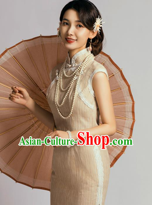 China Classical Dance Cheongsam Traditional Young Lady Apricot Short Qipao Dress China Classical Dance Cheongsam Traditional Young Lady Apricot Short Qipao Dress