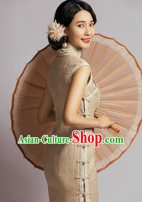 China Classical Dance Cheongsam Traditional Young Lady Apricot Short Qipao Dress China Classical Dance Cheongsam Traditional Young Lady Apricot Short Qipao Dress