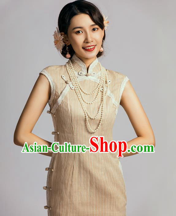 China Classical Dance Cheongsam Traditional Young Lady Apricot Short Qipao Dress China Classical Dance Cheongsam Traditional Young Lady Apricot Short Qipao Dress