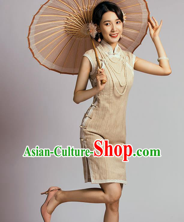 China Classical Dance Cheongsam Traditional Young Lady Apricot Short Qipao Dress China Classical Dance Cheongsam Traditional Young Lady Apricot Short Qipao Dress