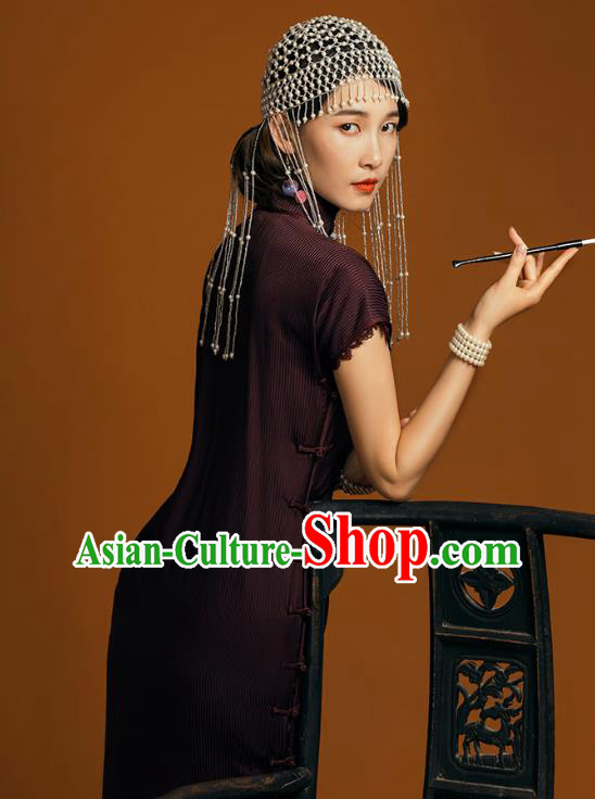 China Classical Lace Sleeve Cheongsam Traditional Young Lady Deep Purple Qipao Dress China Classical Lace Sleeve Cheongsam Traditional Young Lady Deep Purple Qipao Dress