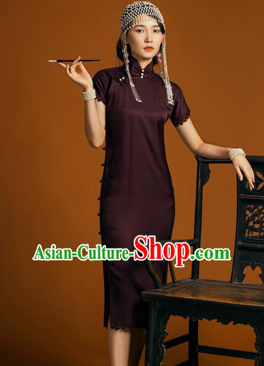 China Classical Lace Sleeve Cheongsam Traditional Young Lady Deep Purple Qipao Dress China Classical Lace Sleeve Cheongsam Traditional Young Lady Deep Purple Qipao Dress