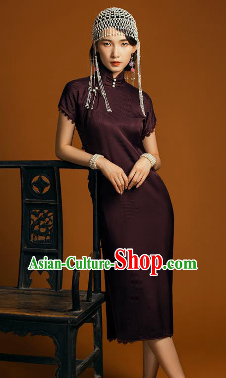 China Classical Lace Sleeve Cheongsam Traditional Young Lady Deep Purple Qipao Dress China Classical Lace Sleeve Cheongsam Traditional Young Lady Deep Purple Qipao Dress
