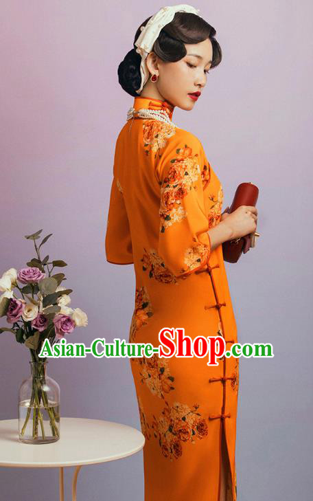 China Classical Wide Sleeve Cheongsam Traditional Minguo Shanghai Printing Flowers Orange Qipao Dress China Classical Wide Sleeve Cheongsam Traditional Minguo Shanghai Printing Flowers Orange Qipao Dress