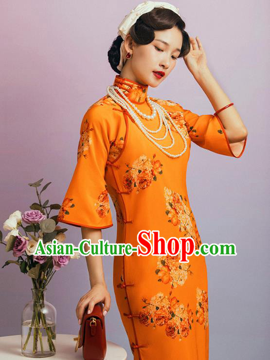 China Classical Wide Sleeve Cheongsam Traditional Minguo Shanghai Printing Flowers Orange Qipao Dress China Classical Wide Sleeve Cheongsam Traditional Minguo Shanghai Printing Flowers Orange Qipao Dress