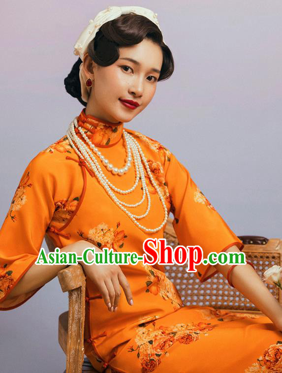 China Classical Wide Sleeve Cheongsam Traditional Minguo Shanghai Printing Flowers Orange Qipao Dress China Classical Wide Sleeve Cheongsam Traditional Minguo Shanghai Printing Flowers Orange Qipao Dress
