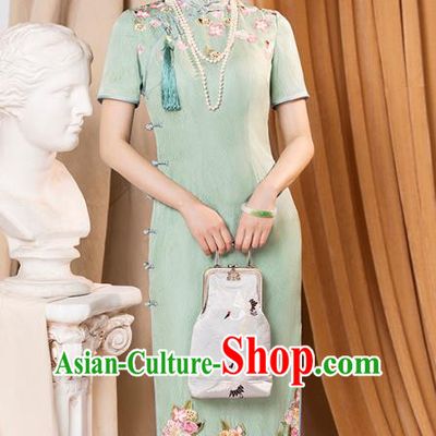 China Classical Shanghai Cheongsam Traditional Minguo Printing Flowers Light Green Qipao Dress