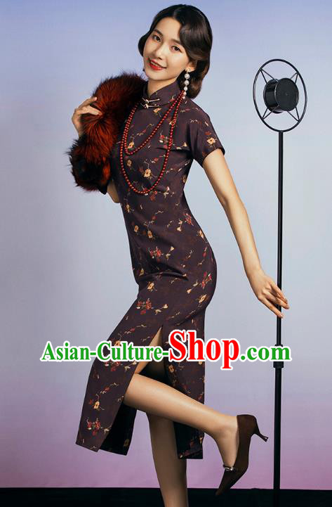 China Classical Deep Brown Silk Cheongsam Traditional Minguo Old Shanghai Singer Qipao Dress China Classical Deep Brown Silk Cheongsam Traditional Minguo Old Shanghai Singer Qipao Dress
