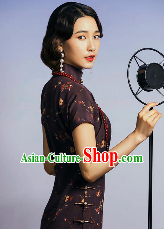 China Classical Deep Brown Silk Cheongsam Traditional Minguo Old Shanghai Singer Qipao Dress China Classical Deep Brown Silk Cheongsam Traditional Minguo Old Shanghai Singer Qipao Dress