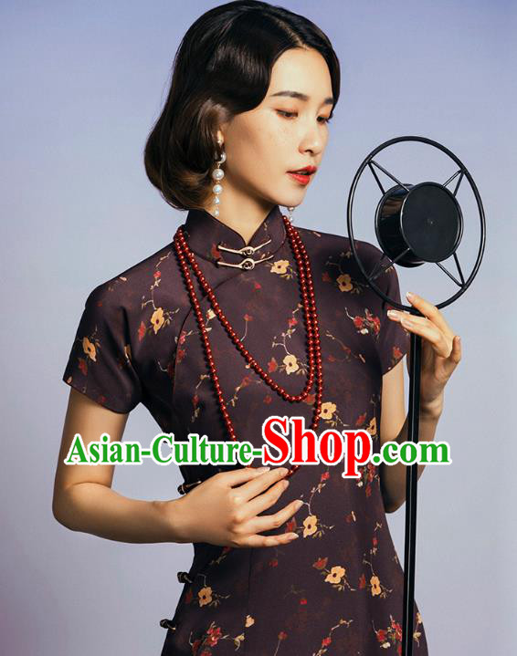 China Classical Deep Brown Silk Cheongsam Traditional Minguo Old Shanghai Singer Qipao Dress China Classical Deep Brown Silk Cheongsam Traditional Minguo Old Shanghai Singer Qipao Dress