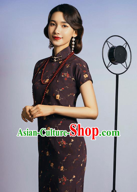 China Classical Deep Brown Silk Cheongsam Traditional Minguo Old Shanghai Singer Qipao Dress China Classical Deep Brown Silk Cheongsam Traditional Minguo Old Shanghai Singer Qipao Dress