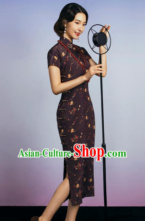 China Classical Deep Brown Silk Cheongsam Traditional Minguo Old Shanghai Singer Qipao Dress China Classical Deep Brown Silk Cheongsam Traditional Minguo Old Shanghai Singer Qipao Dress