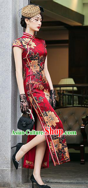 China National Wedding Mother Red Silk Cheongsam Traditional Woman Printing Peony Qipao Dress China National Wedding Mother Red Silk Cheongsam Traditional Woman Printing Peony Qipao Dress