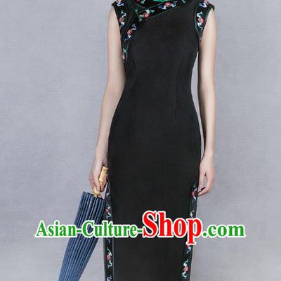 China Classical Stand Collar Black Silk Cheongsam Traditional Minguo Embroidered Sleeveless Qipao Dress