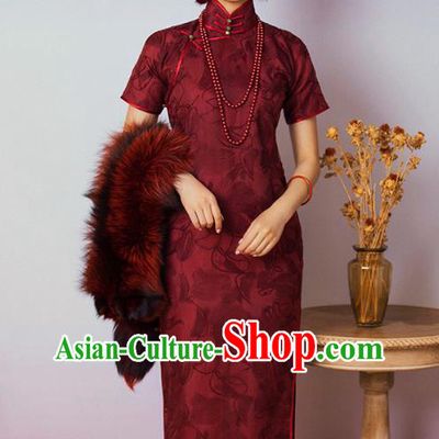 China Classical Upper Outer Garment Cheongsam Traditional Minguo Shanghai Wine Red Silk Qipao Dress