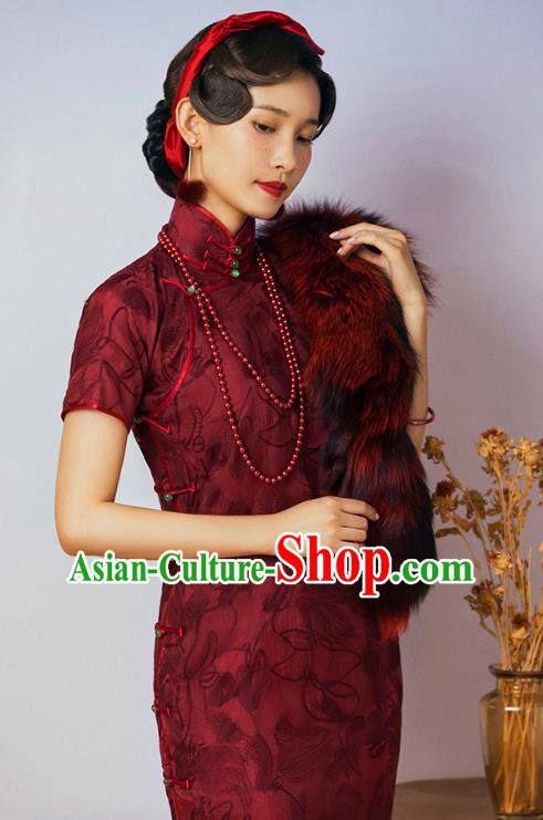 China Classical Upper Outer Garment Cheongsam Traditional Minguo Shanghai Wine Red Silk Qipao Dress China Classical Upper Outer Garment Cheongsam Traditional Minguo Shanghai Wine Red Silk Qipao Dress