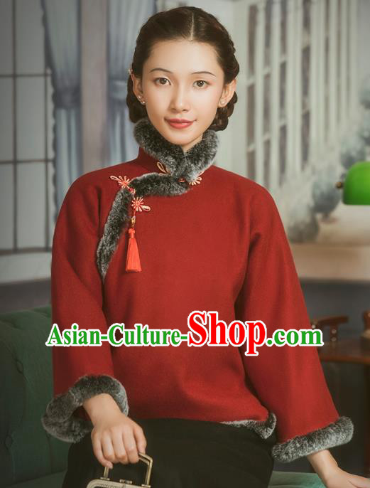 Chinese National Winter Clothing Red Woolen Jacket Tang Suit Overcoat Outer Garment Chinese National Winter Clothing Red Woolen Jacket Tang Suit Overcoat Outer Garment