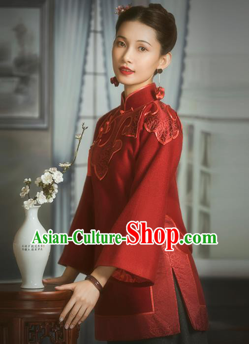 Chinese National Wedding Bride Upper Outer Garment Clothing Tang Suit Embroidered Red Woolen Jacket Chinese National Wedding Bride Upper Outer Garment Clothing Tang Suit Embroidered Red Woolen Jacket