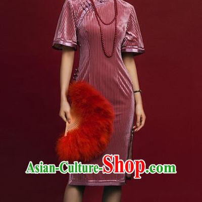 China Traditional Minguo Shanghai Beauty Qipao Dress Classical Young Lady Pink Velvet Cheongsam