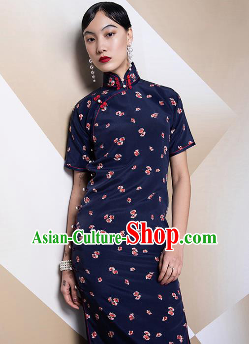 China Classical Navy Silk Cheongsam Traditional Minguo Shanghai Stand Collar Qipao Dress China Classical Navy Silk Cheongsam Traditional Minguo Shanghai Stand Collar Qipao Dress