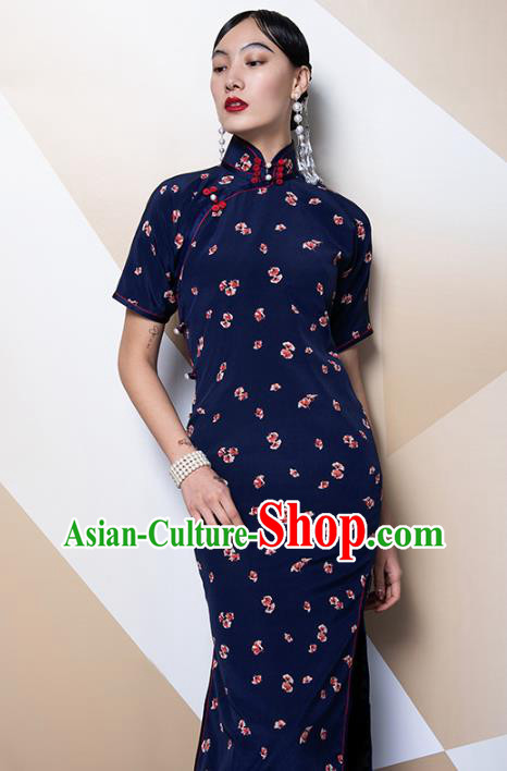 China Classical Navy Silk Cheongsam Traditional Minguo Shanghai Stand Collar Qipao Dress China Classical Navy Silk Cheongsam Traditional Minguo Shanghai Stand Collar Qipao Dress