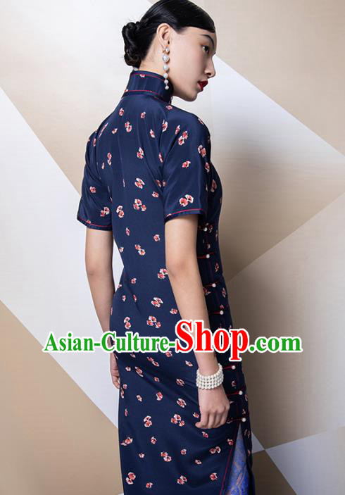 China Classical Navy Silk Cheongsam Traditional Minguo Shanghai Stand Collar Qipao Dress China Classical Navy Silk Cheongsam Traditional Minguo Shanghai Stand Collar Qipao Dress
