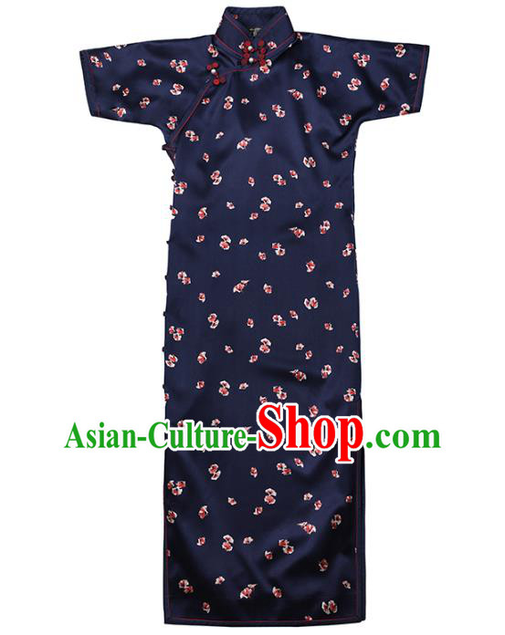 China Classical Navy Silk Cheongsam Traditional Minguo Shanghai Stand Collar Qipao Dress China Classical Navy Silk Cheongsam Traditional Minguo Shanghai Stand Collar Qipao Dress