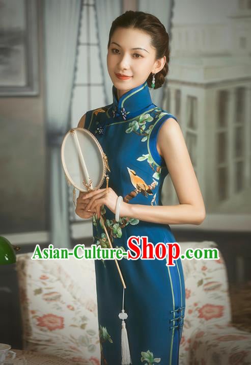 China Classical Embroidered Mangnolia Cheongsam Traditional Minguo Shanghai Blue Silk Qipao Dress China Classical Embroidered Mangnolia Cheongsam Traditional Minguo Shanghai Blue Silk Qipao Dress
