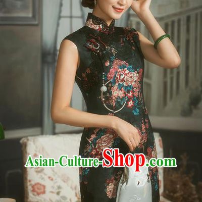 China Classical Printing Black Silk Cheongsam Traditional Minguo Shanghai Woman Qipao Dress