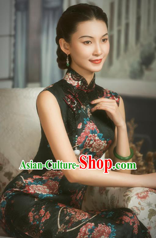 China Classical Printing Black Silk Cheongsam Traditional Minguo Shanghai Woman Qipao Dress China Classical Printing Black Silk Cheongsam Traditional Minguo Shanghai Woman Qipao Dress