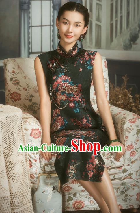 China Classical Printing Black Silk Cheongsam Traditional Minguo Shanghai Woman Qipao Dress China Classical Printing Black Silk Cheongsam Traditional Minguo Shanghai Woman Qipao Dress