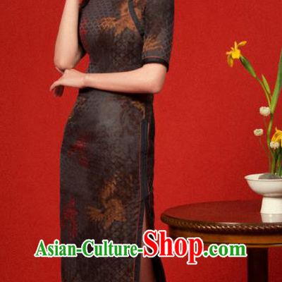 China Classical Gambiered Guangdong Gauze Cheongsam Traditional Minguo Shanghai Woman Deep Brown Silk Qipao Dress