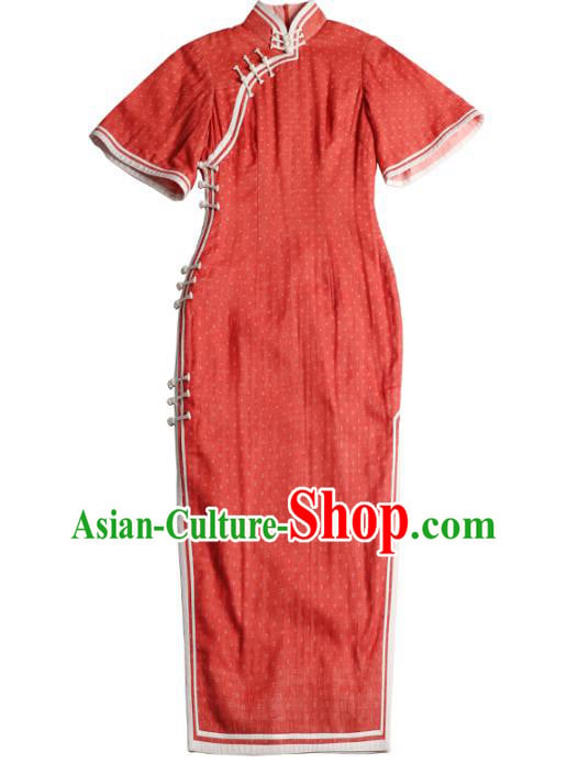 China Classical Red Flax Short Cheongsam Traditional Minguo Young Lady Qipao Dress China Classical Red Flax Short Cheongsam Traditional Minguo Young Lady Qipao Dress
