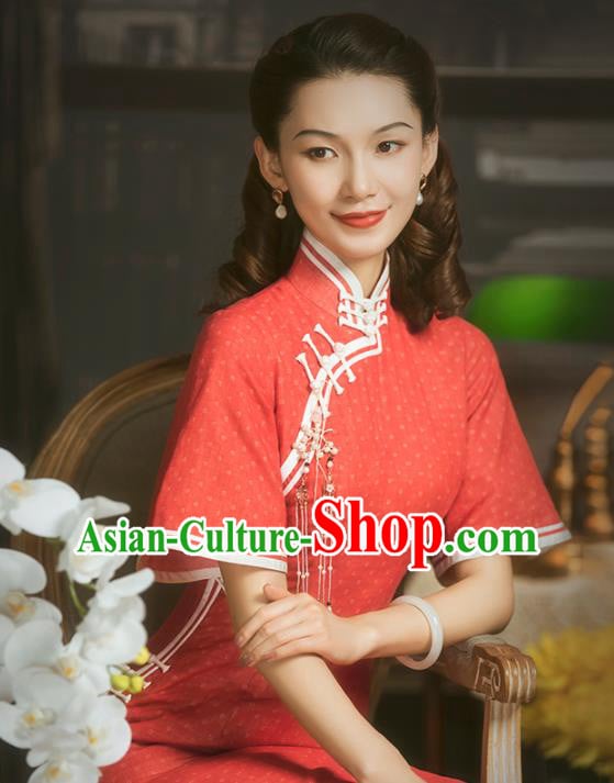 China Classical Red Flax Short Cheongsam Traditional Minguo Young Lady Qipao Dress China Classical Red Flax Short Cheongsam Traditional Minguo Young Lady Qipao Dress