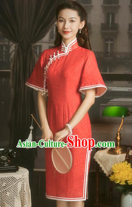 China Classical Red Flax Short Cheongsam Traditional Minguo Young Lady Qipao Dress China Classical Red Flax Short Cheongsam Traditional Minguo Young Lady Qipao Dress