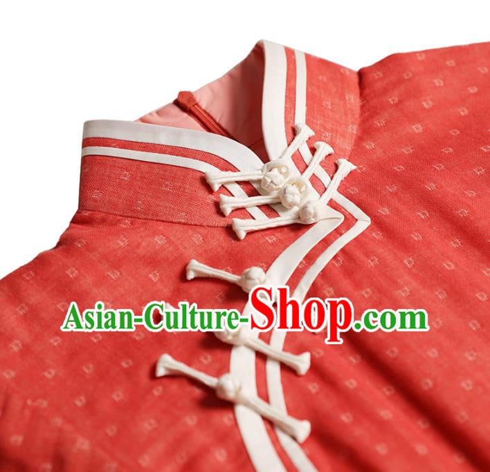 China Classical Red Flax Short Cheongsam Traditional Minguo Young Lady Qipao Dress China Classical Red Flax Short Cheongsam Traditional Minguo Young Lady Qipao Dress