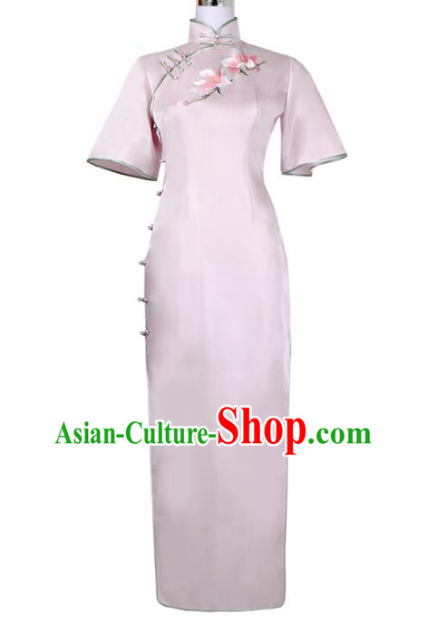 China Classical Shanghai Woman Cheongsam Traditional Minguo Embroidered Mangnolia Pink Silk Qipao Dress China Classical Shanghai Woman Cheongsam Traditional Minguo Embroidered Mangnolia Pink Silk Qipao Dress