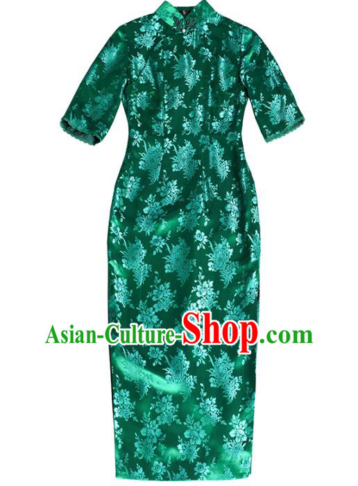 China Classical Green Brocade Cheongsam Traditional Minguo Shanghai Woman Silk Qipao Dress China Classical Green Brocade Cheongsam Traditional Minguo Shanghai Woman Silk Qipao Dress