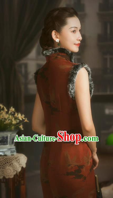 China Classical Crane Pattern Red Silk Cheongsam Traditional Minguo Cotton Wadded Sleeveless Qipao Dress China Classical Crane Pattern Red Silk Cheongsam Traditional Minguo Cotton Wadded Sleeveless Qipao Dress