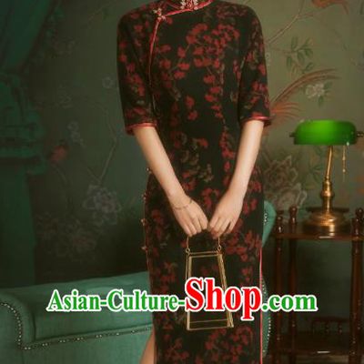 China Classical Black Gambiered Guangdong Gauze Cheongsam Traditional Minguo Old Shanghai Qipao Dress