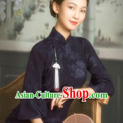 China Classical Old Shanghai Lady Navy Silk Cheongsam Traditional Minguo Wide Sleeve Qipao Dress
