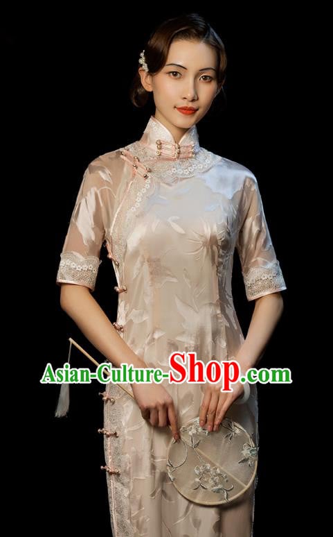 China Traditional Minguo Stand Collar Qipao Dress Classical Old Shanghai Light Pink Cheongsam China Traditional Minguo Stand Collar Qipao Dress Classical Old Shanghai Light Pink Cheongsam